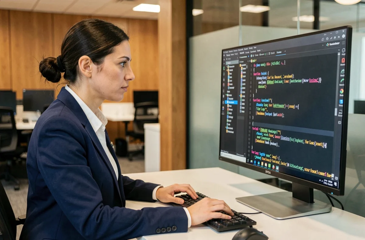 Développeuse Excel concentrée sur du code VBA avec des boucles For Loop affichées sur un grand écran dans un bureau moderne