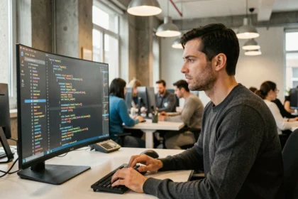 Développeur web concentré sur un code de web components affiché sur un écran ultrawide dans un bureau moderne
