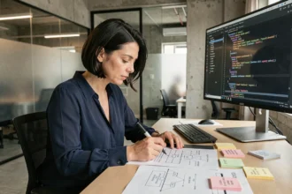 Développeuse web annotant des schémas de données structurées sur papier dans un bureau moderne, avec du code JSON-LD visible sur un écran