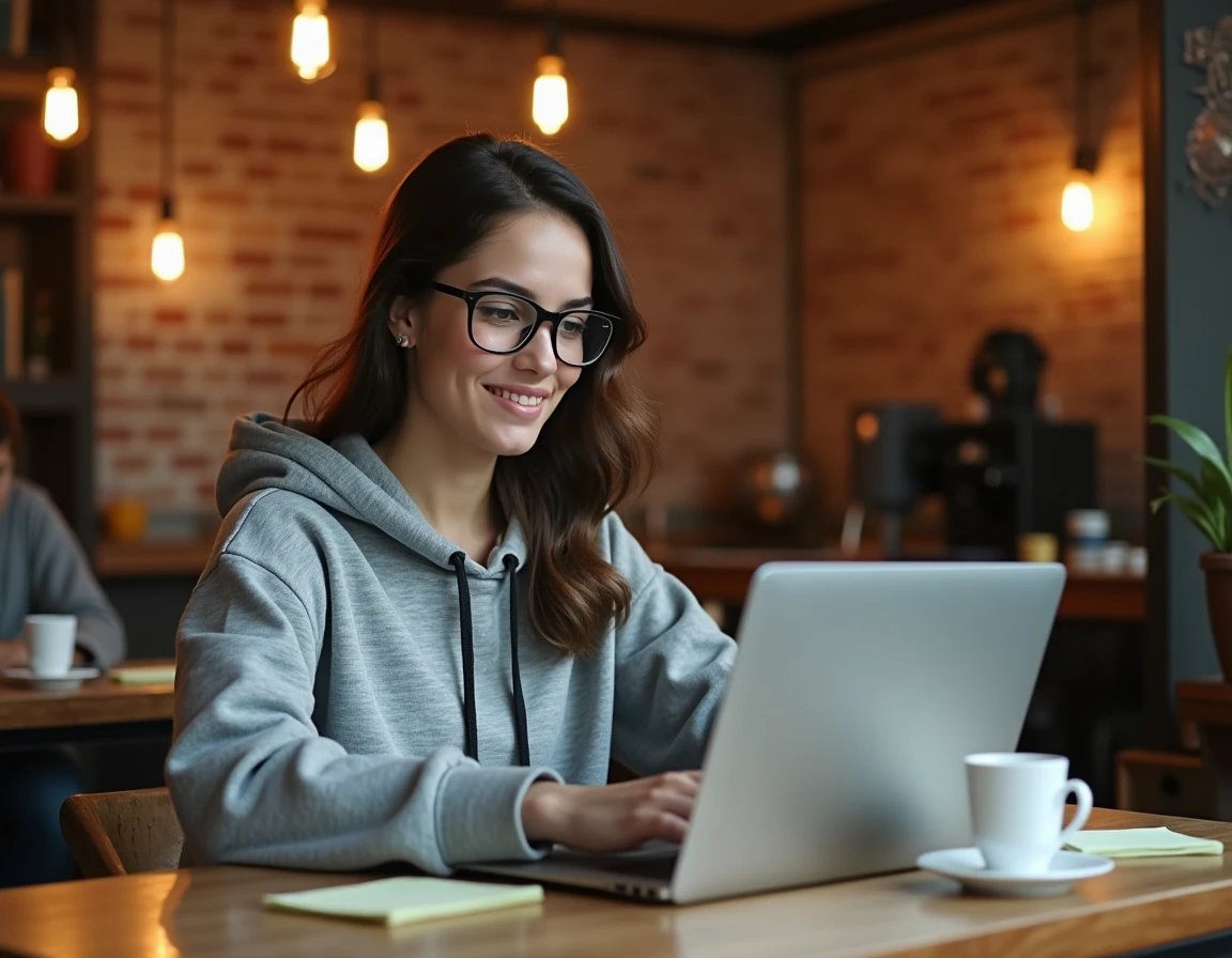 Développeuse web configurant un protocole HTTPS dans un café branché avec son ordinateur portable