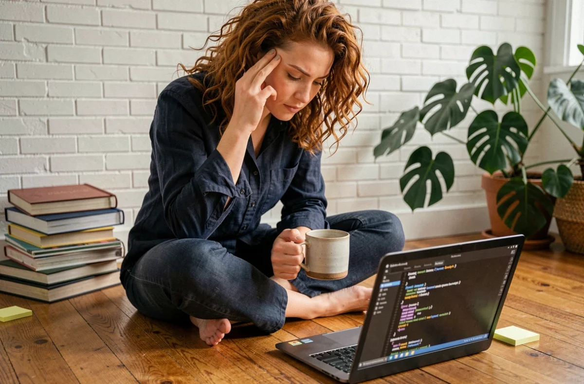 Développeuse freelance déboguant une application depuis son bureau à domicile, entourée de notes et d'un terminal affichant des erreurs