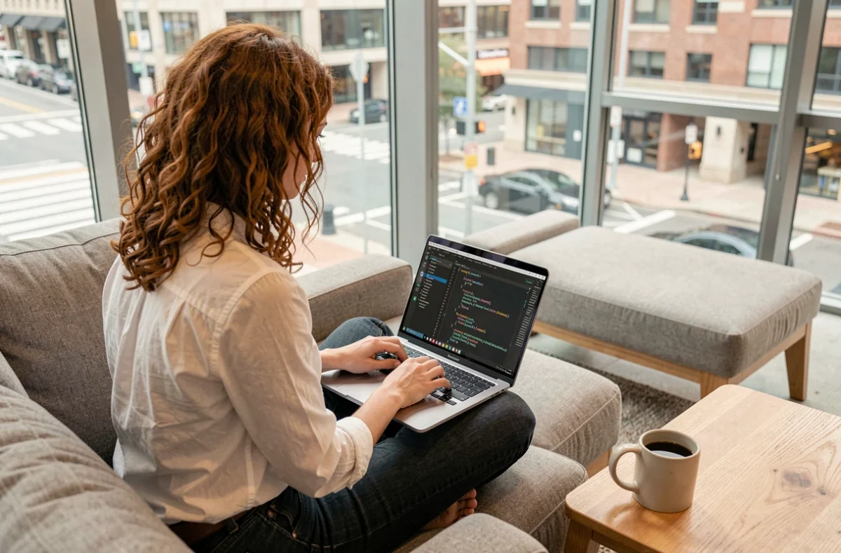 Développeuse front-end travaillant sur des web components depuis un espace de coworking lumineux avec vue sur la ville