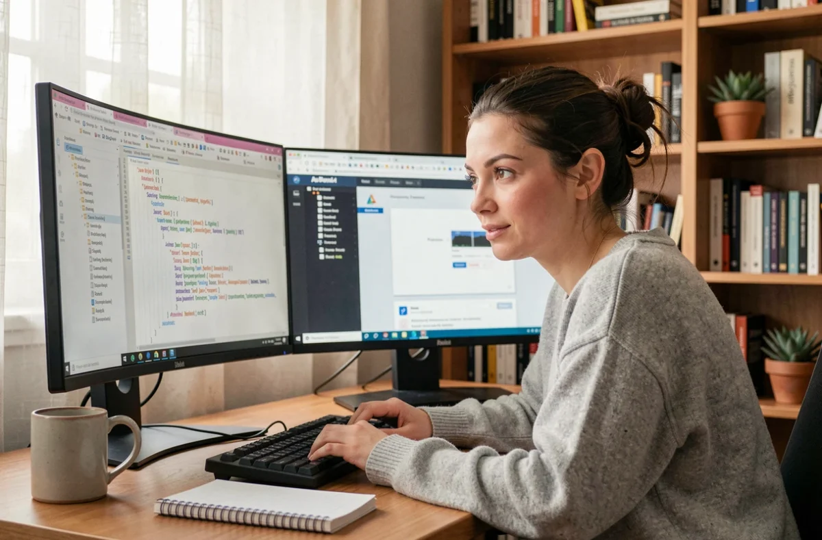Développeuse web utilisant Java Spring Boot sur un double écran dans un bureau à domicile