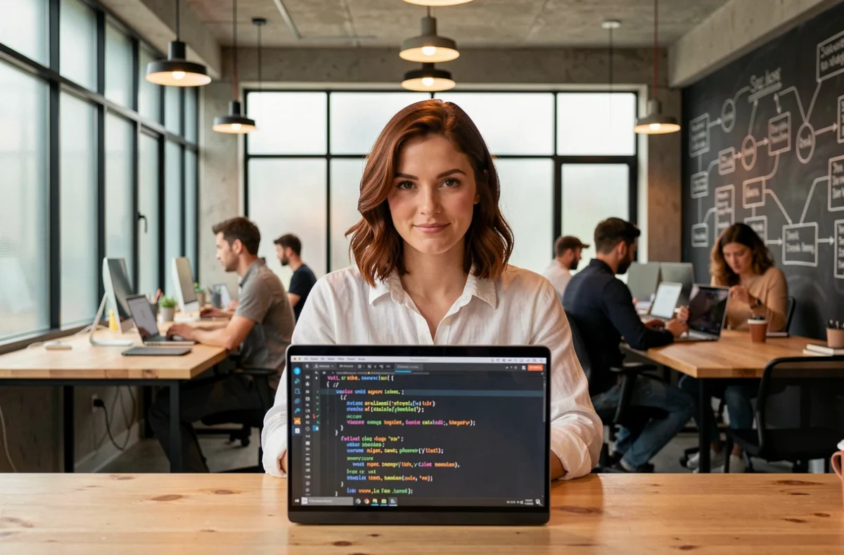Développeuse frontend travaillant sur un projet Vue.js dans un espace de coworking moderne