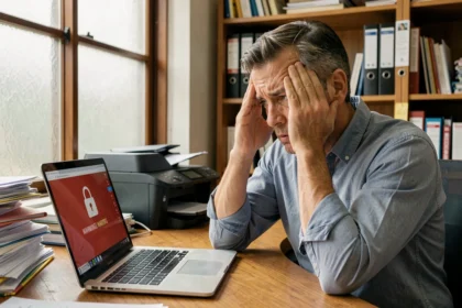 Chef d'une petite entreprise stressé face à un message de ransomware sur son ordinateur portable dans un bureau modeste