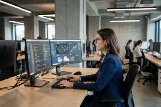 Femme informaticienne travaillant sur plusieurs écrans affichant du code et des visualisations de données dans un bureau moderne