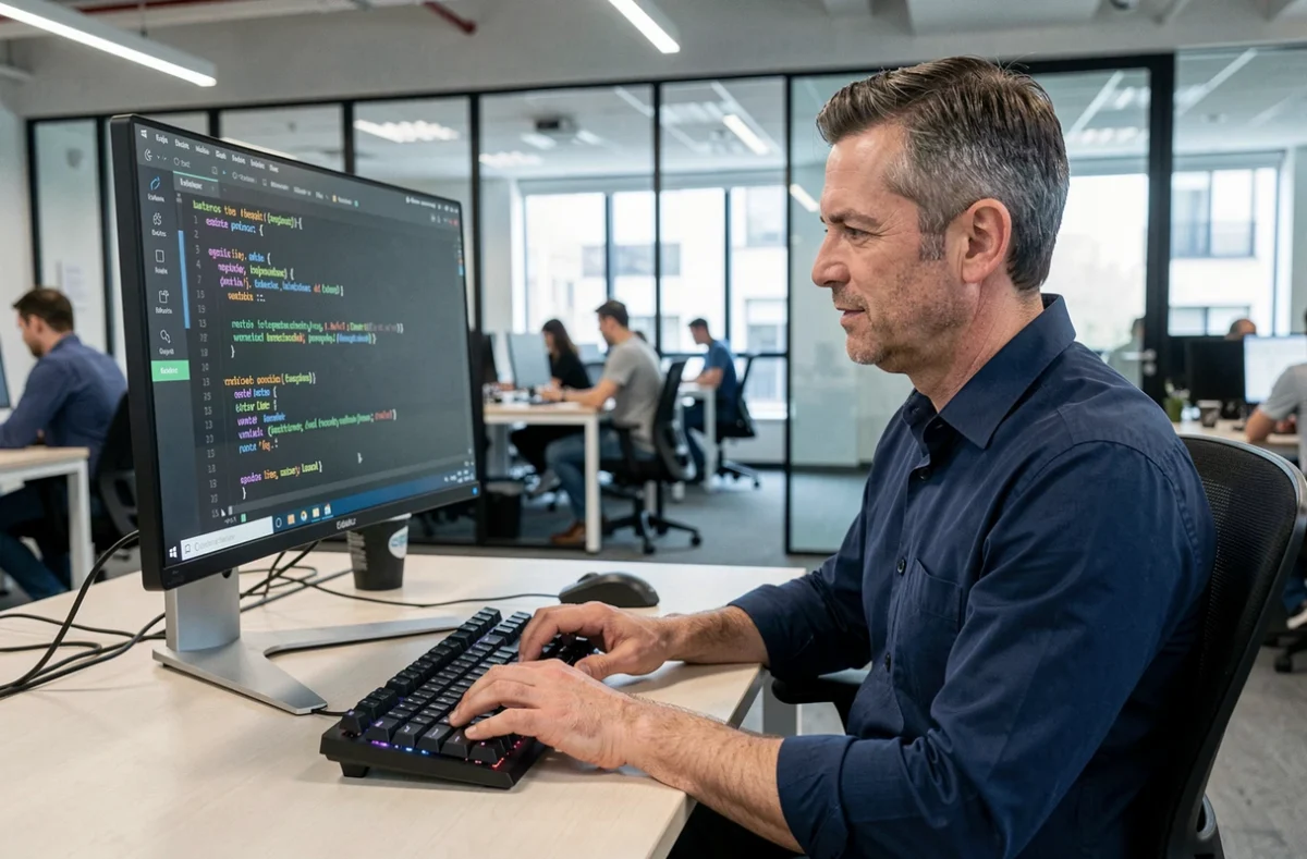 Développeur web éditant une balise meta description dans un éditeur de code HTML pour améliorer le référencement naturel