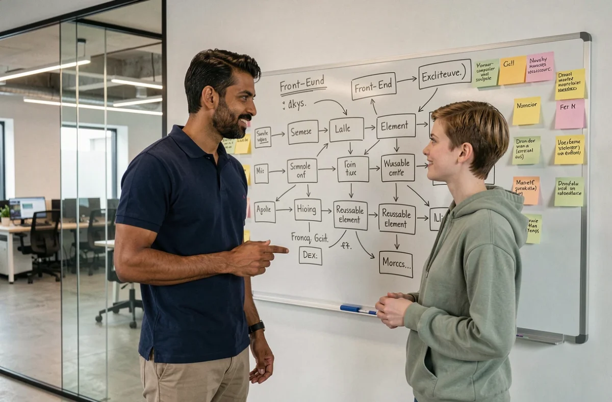 Deux développeurs analysant une architecture de web components devant un tableau blanc dans une salle de réunion de startup
