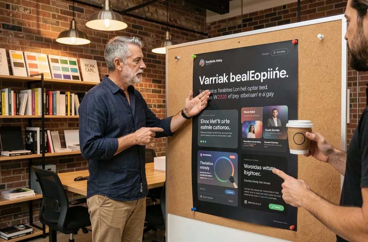 Équipe de designers web discutant des tendances UI dark mode et glassmorphisme lors d'une session de travail collaboratif