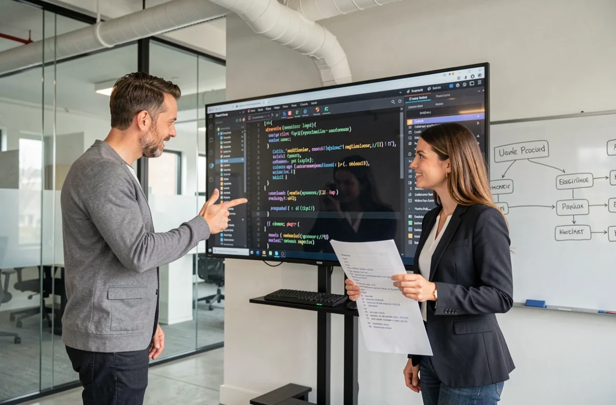 Deux ingénieurs logiciels collaborant pour déboguer un programme complexe devant un écran affichant des points d'arrêt et une pile d'appels