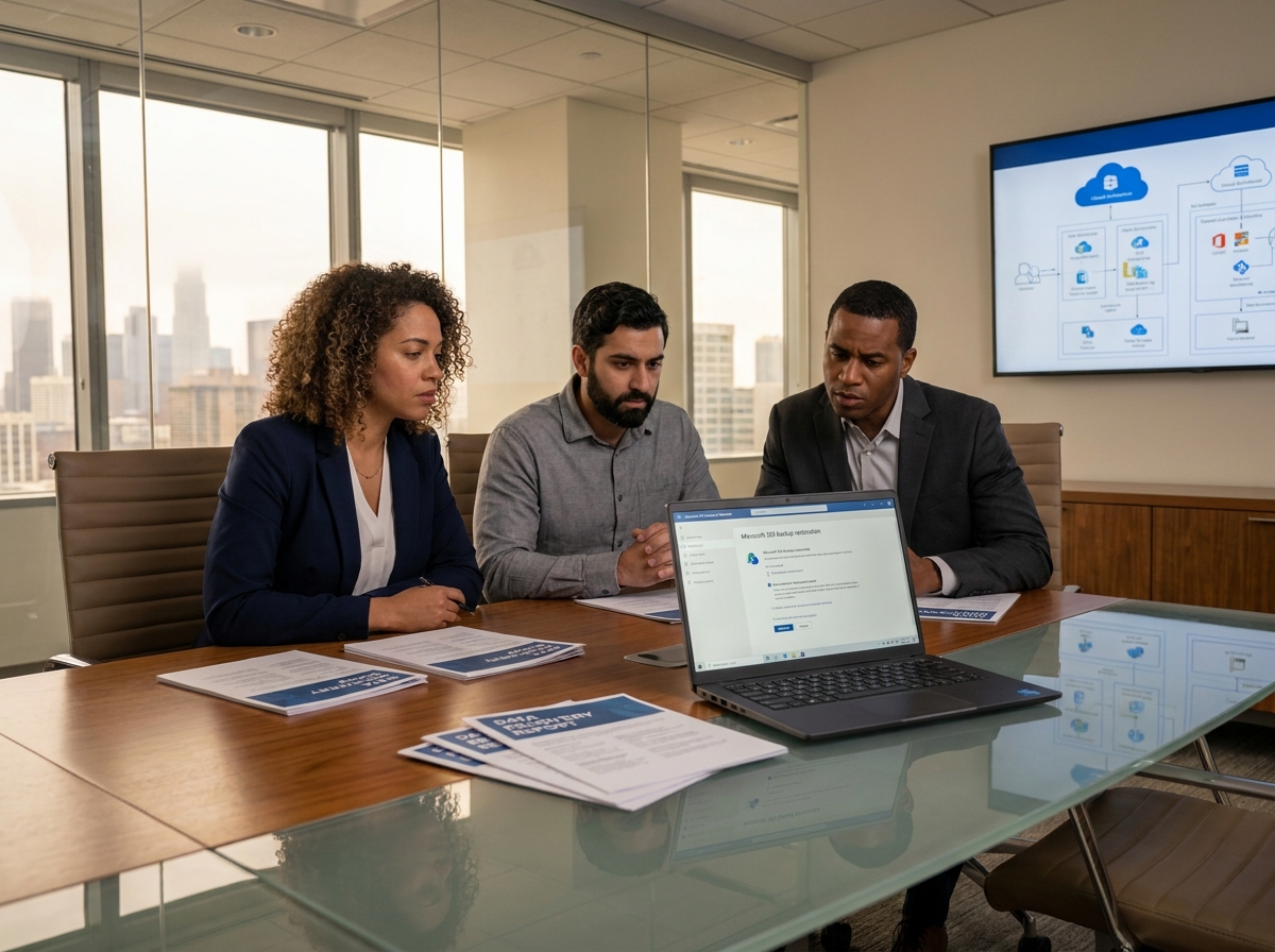 Équipe professionnelle en réunion discutant de stratégie de sauvegarde et récupération de données Microsoft 365