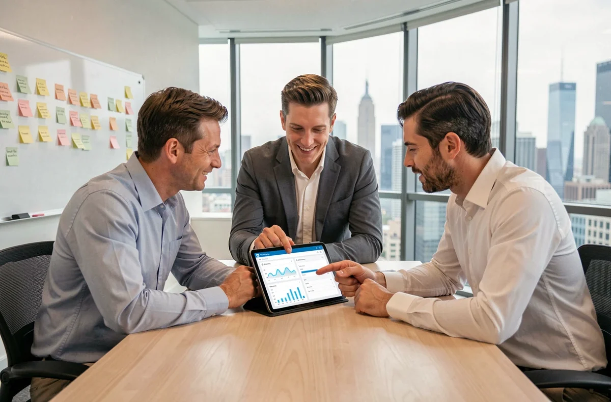 Une équipe en réunion analysant un tableau de bord PowerApps sur une tablette en salle de conférence