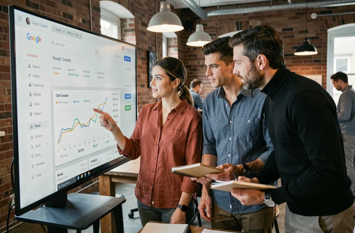 Équipe de professionnels en réunion autour d'un rapport Google Search Console pour optimiser le référencement