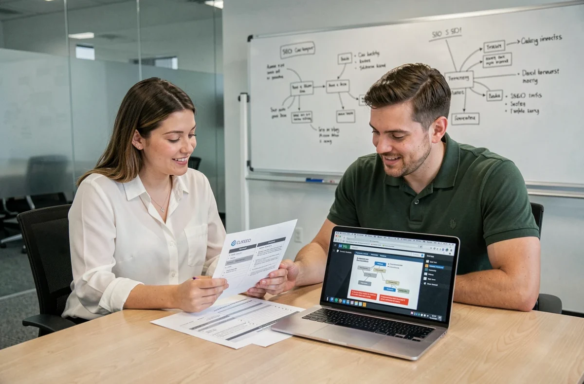 Deux professionnels du web collaborant sur un audit de SEO technique avec une checklist et un ordinateur portable en salle de réunion