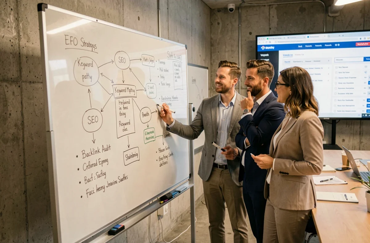 Équipe d'experts en stratégie SEO planifiant des actions pour remonter le référencement Google sur un tableau blanc