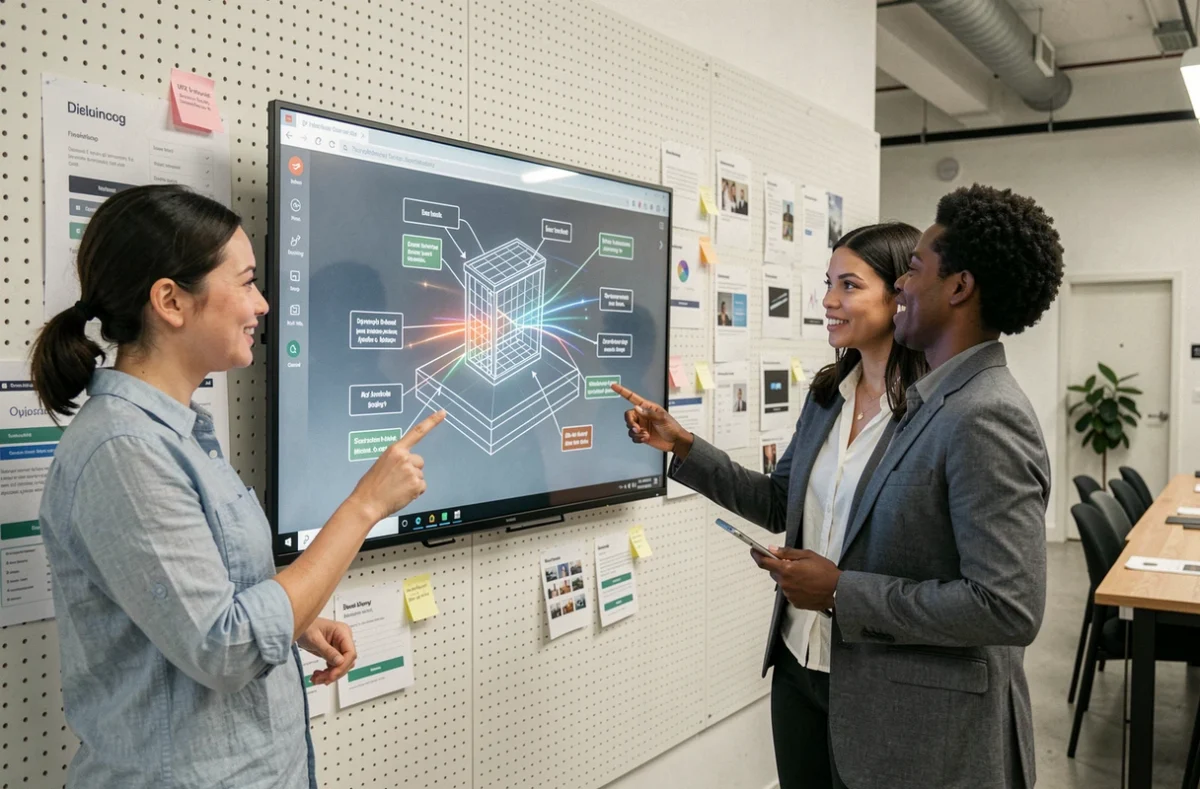 Équipe UX design discutant d'animations web sur un écran interactif dans un studio créatif