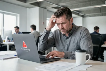 Homme frustré devant une erreur OneDrive sur son ordinateur portable au bureau