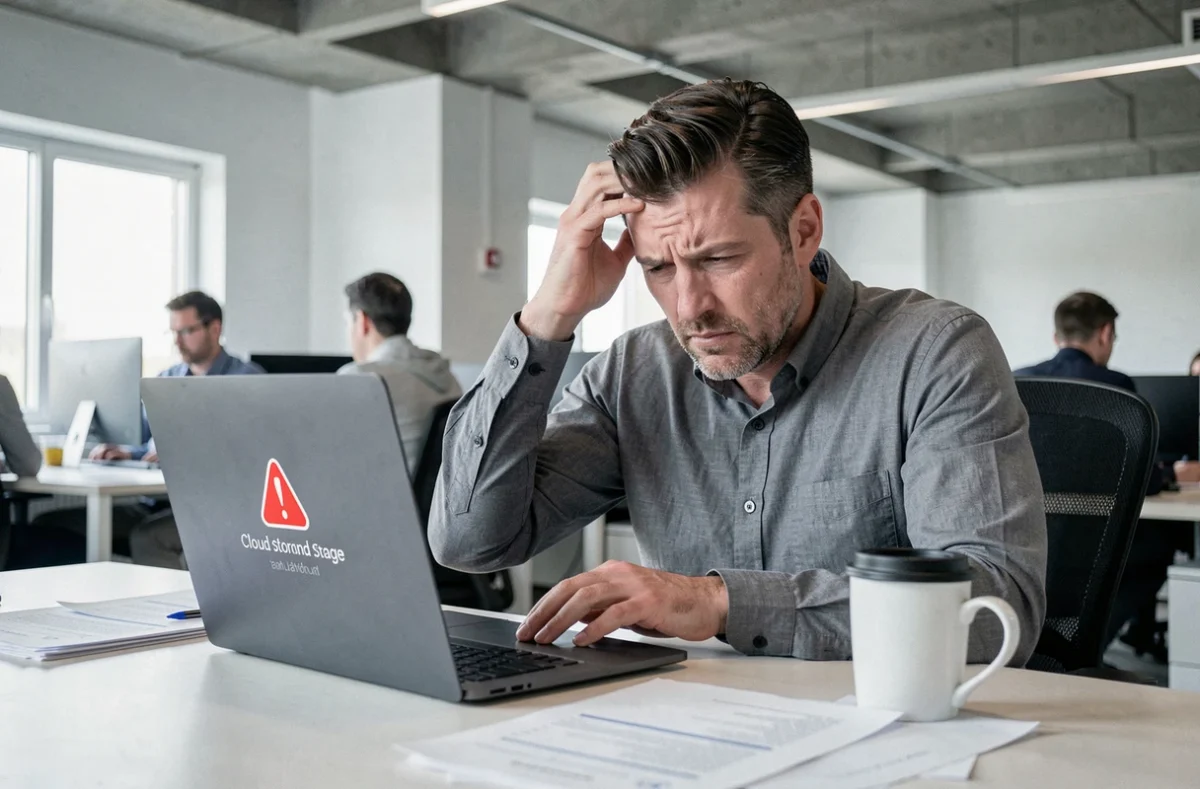 Homme frustré devant une erreur OneDrive sur son ordinateur portable au bureau