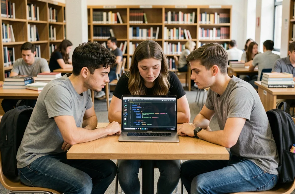 Groupe d'étudiants en informatique analysant un IDE Python ensemble dans une bibliothèque universitaire