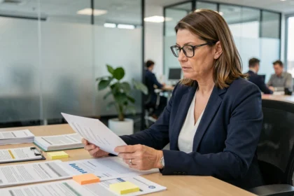 Responsable conformité RGPD analysant des documents de vérification dans un bureau professionnel moderne