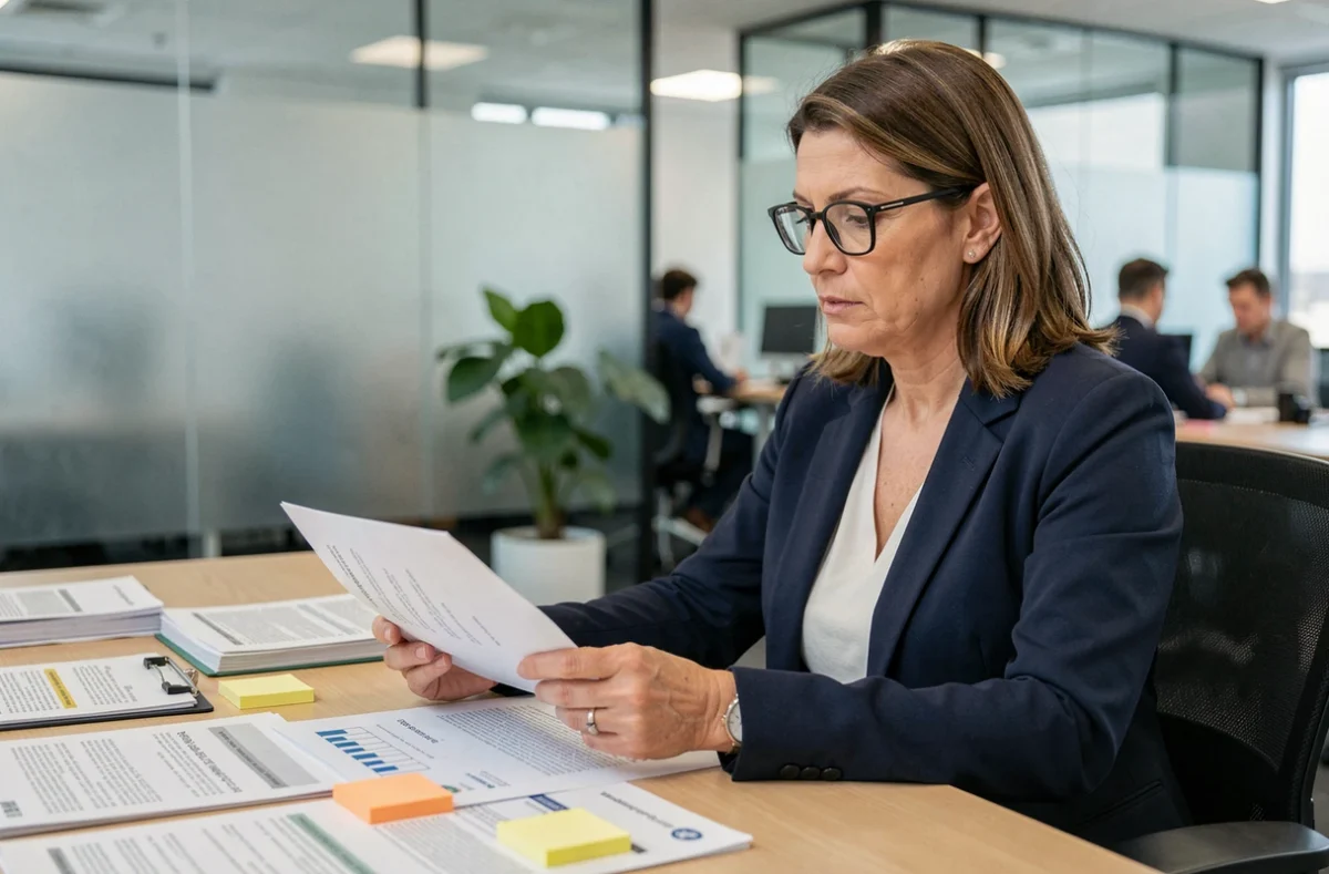 Responsable conformité RGPD analysant des documents de vérification dans un bureau professionnel moderne
