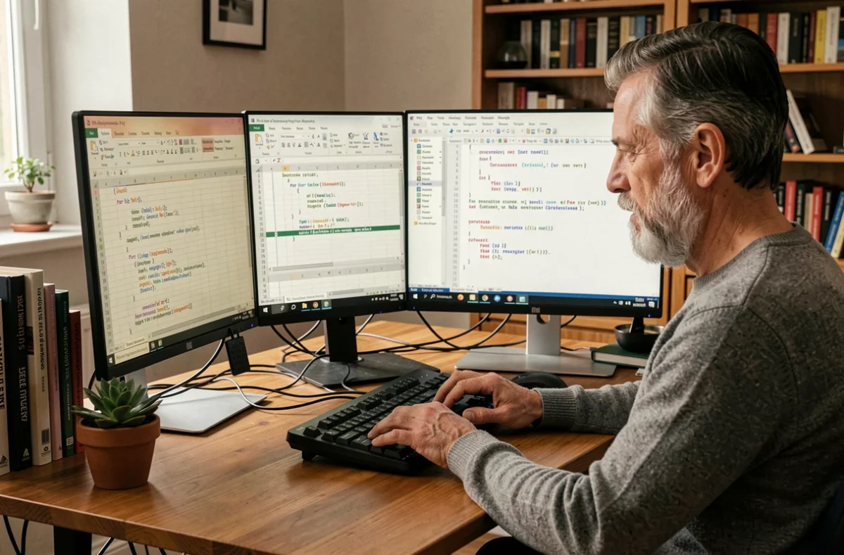 Développeur indépendant travaillant sur des macros VBA Excel avec des boucles For Loop dans un bureau à domicile organisé