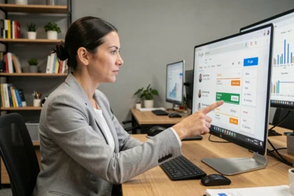 Femme experte en SEO analysant les résultats de recherche Google sur un moniteur dans un bureau moderne