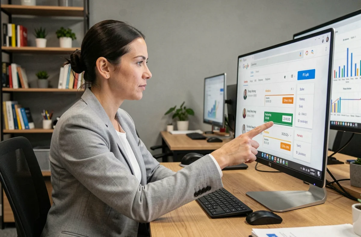 Femme experte en SEO analysant les résultats de recherche Google sur un moniteur dans un bureau moderne