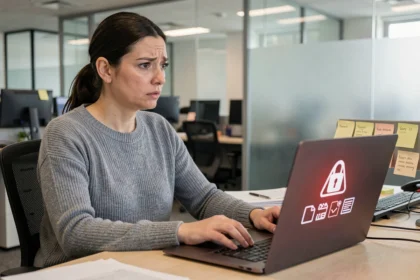 Femme alarméee face à un écran d'ordinateur affichant un avertissement de ransomware au bureau