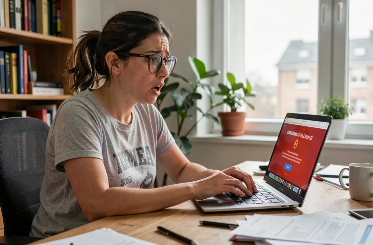 Femme surprise face à une alerte de logiciel malveillant sur son ordinateur portable à domicile