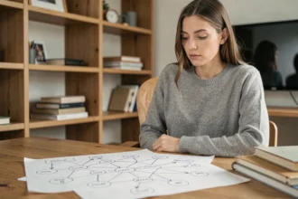 Femme analysant un schéma de maillage interne dessiné à la main sur un bureau en bois dans un bureau à domicile moderne