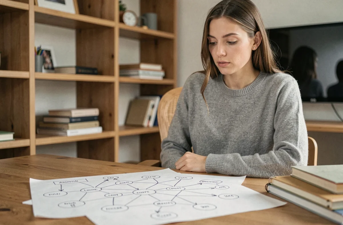 Femme analysant un schéma de maillage interne dessiné à la main sur un bureau en bois dans un bureau à domicile moderne