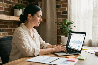 Développeuse web analysant des statistiques d'optimisation d'images sur un tableau de bord SEO depuis son bureau à domicile