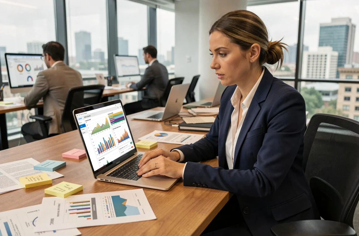 Femme analyste SEO examinant des graphiques de référencement Google sur un ordinateur portable dans un bureau moderne