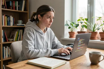 Jeune femme apprenant le codage seule sur un ordinateur portable dans un bureau à domicile, avec des notes manuscrites et un café
