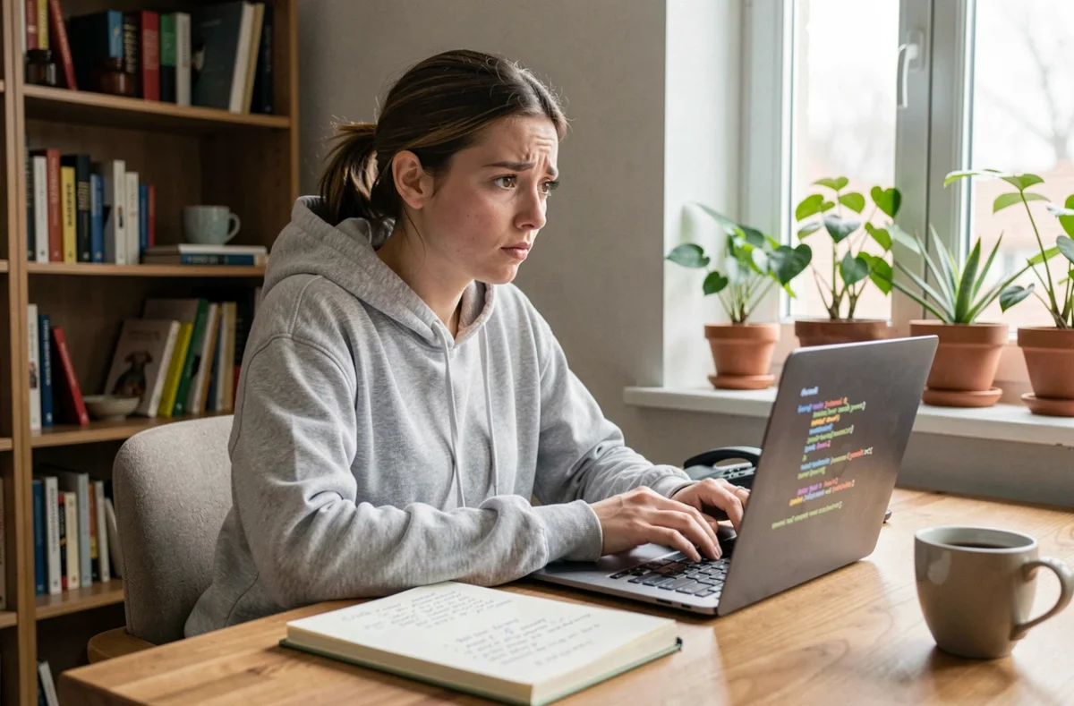 Jeune femme apprenant le codage seule sur un ordinateur portable dans un bureau à domicile, avec des notes manuscrites et un café