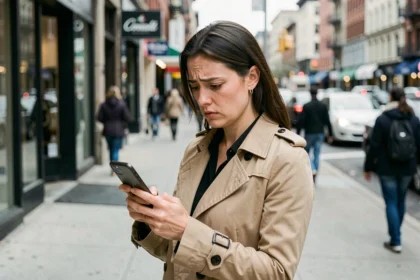 Femme inquiète regardant un SMS suspect sur son smartphone dans une rue animée de la ville