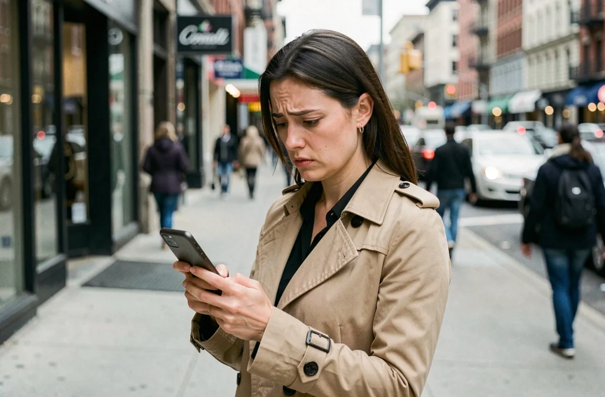 Femme inquiète regardant un SMS suspect sur son smartphone dans une rue animée de la ville