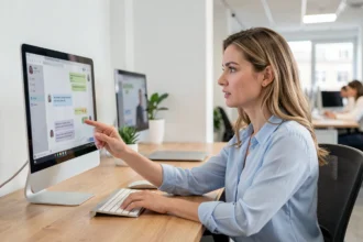 Femme utilisant un chatbot sur ordinateur de bureau dans un bureau moderne pour améliorer le service client