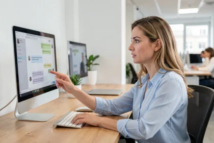 Femme utilisant un chatbot sur ordinateur de bureau dans un bureau moderne pour améliorer le service client