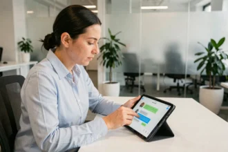 Femme utilisant un chatbot sur une tablette dans un bureau moderne