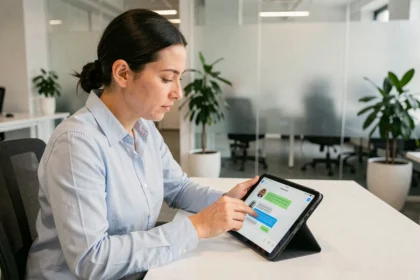 Femme utilisant un chatbot sur une tablette dans un bureau moderne