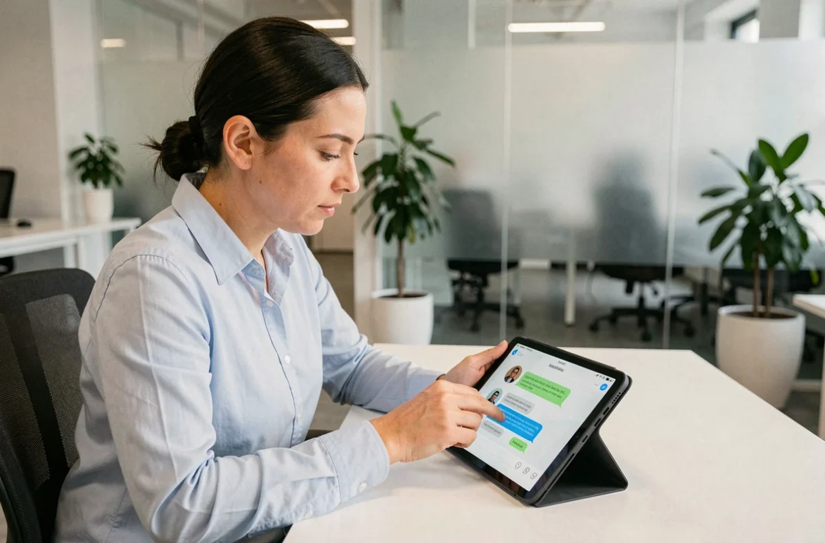 Femme utilisant un chatbot sur une tablette dans un bureau moderne