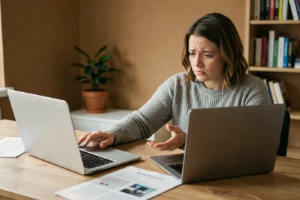 Femme comparant deux ordinateurs portables sur un bureau en bois pour choisir le meilleur laptop en 2026