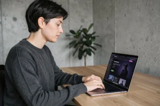 Femme utilisant un ordinateur portable en mode sombre dans un bureau minimaliste moderne