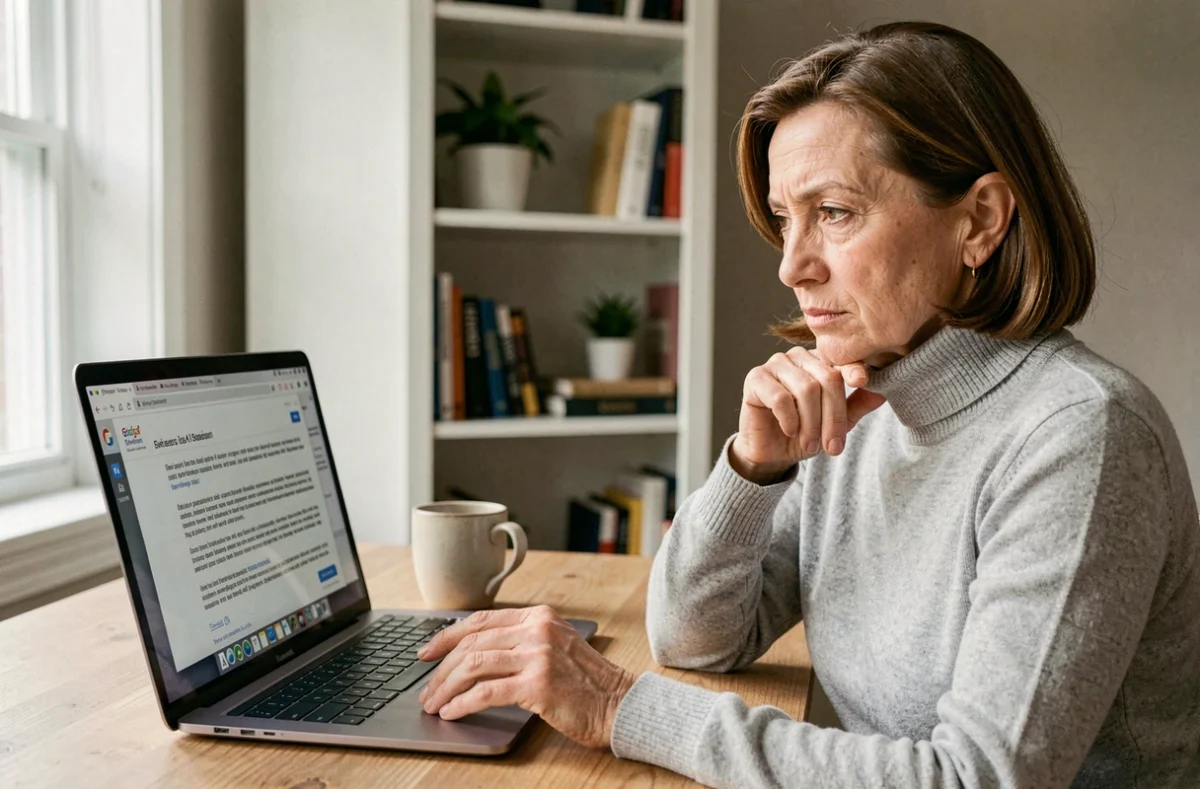 Femme professionnelle analysant un email de phishing sophistiqué généré par IA sur son ordinateur portable dans un bureau à domicile