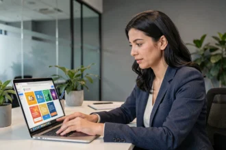 Femme utilisant Google Dynamic Email sur son ordinateur portable dans un bureau moderne