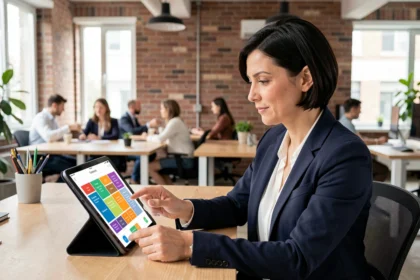 Femme utilisant une application Power Apps sur tablette dans un bureau moderne, illustrant le développement sans code