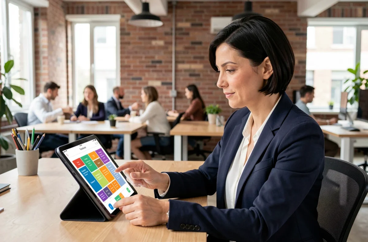Femme utilisant une application Power Apps sur tablette dans un bureau moderne, illustrant le développement sans code