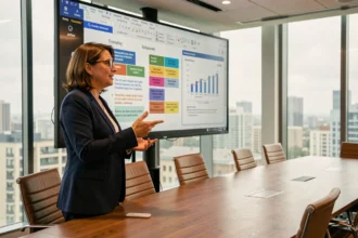 Femme professionnelle présentant des diapositives PowerPoint lors d'une réunion en salle de conférence moderne